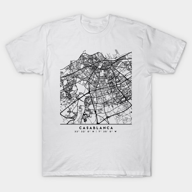 CASABLANCA MOROCCO BLACK CITY STREET MAP ART T-Shirt by deificusArt